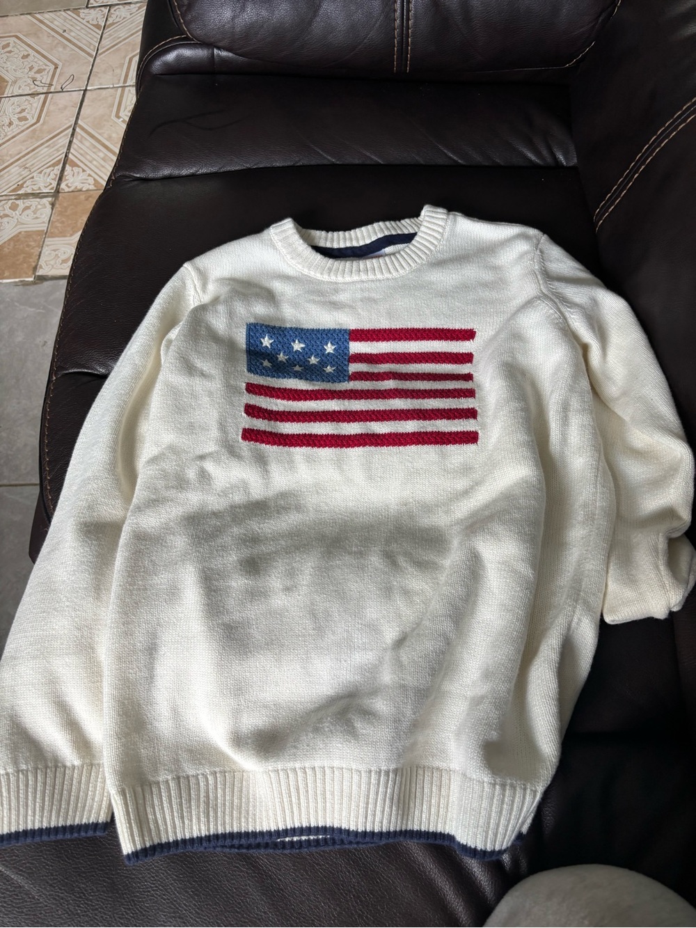 Gymboree Cream Crewneck Sweater with Red & Blue Flag Motif